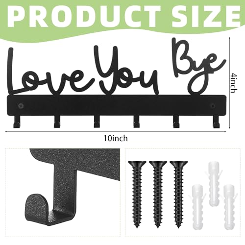 Love You Bye Key Holder Wall Mount - 10 x 4 Inch Black Metal Hook Rack