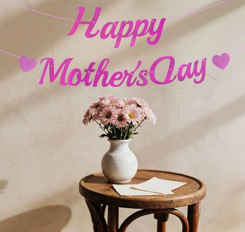 Happy Mother's Day Banner - Pink Glitter Heart Garland for Decor