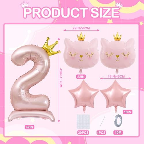 Pink Cat Balloon Set for 2nd Birthday Party - Crown Cat Foil Balloon Kit