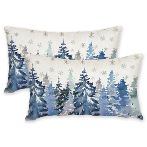 Christmas Lumbar Pillow Covers 12x20 Inch Set of 2, Teal Watercolor Tree