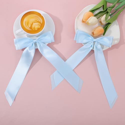 Light Blue Hair Bow Clips with Long Tails 2-Pack Satin Ribbon Barrettes