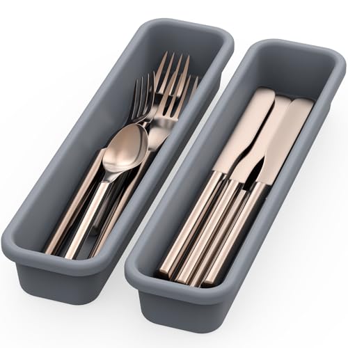 2 Pack Silicone Utensil Drawer Organizer - Anti-Slip Flatware Tray