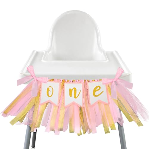 Pink High Chair Banner for 1st Birthday Girl - Tulle & Ribbon Decor