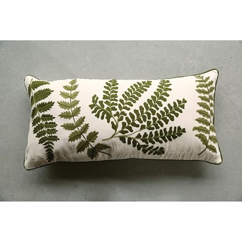 Creative Co-Op White Rectangle Cotton Pillow with Embroidered Green Ferns