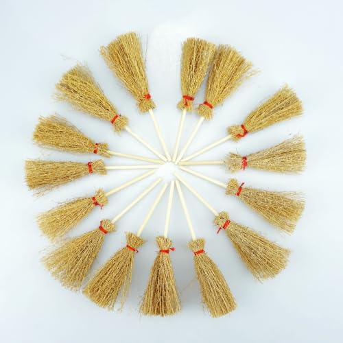 15 Mini Straw Brooms with Red Ropes - Halloween Party Decor