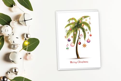 Festive Palm Tree Christmas Cards - 12 Count Holiday Greeting Cards with Envelopes