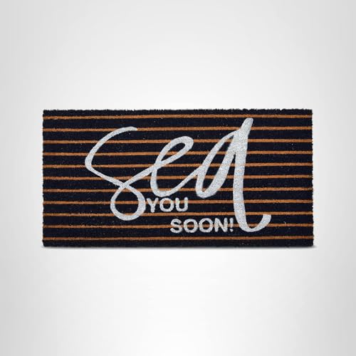 Creative Co-Op Coir Entry Doormat Sea You Soon with Non-Slip Liner Backing for Nautical or Coastal Home Décor, Brown & White Stripe Design