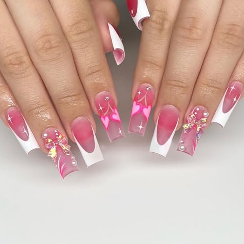 Pink French Tip Press on Nails Medium Square Fake Nails with Ribbon