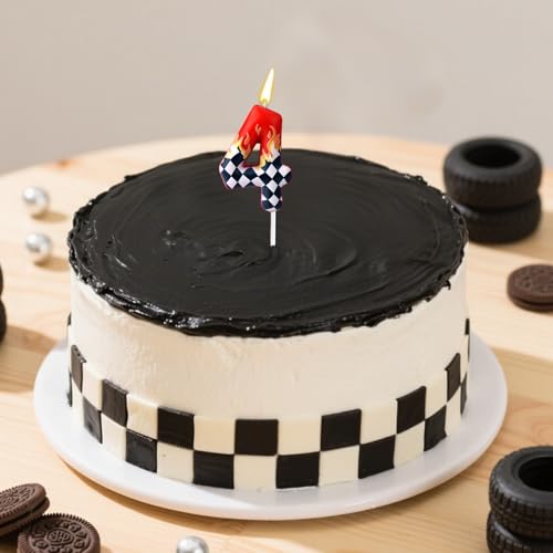Number 4 Racing Car Birthday Candle, Black and White Checkered Wax Candle