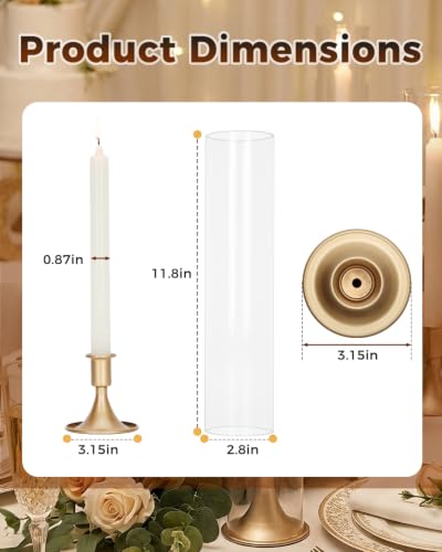 Set of 12 Gold Hurricane Candle Holders Windproof Glass Chimneys Table Centerpiece