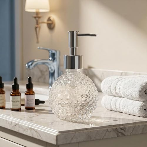 Clear Glass Soap Dispenser 7.4oz with Silver Pump - Stylish Bathroom & Kitchen Accessory