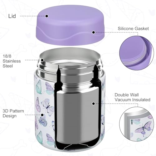 Wiwens 12oz Insulated Food Jar - Stainless Steel Bento Box, White-Butterfly