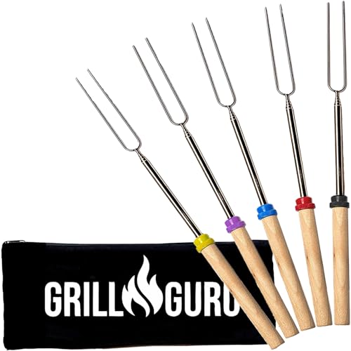 Grill Guru 5-Pack Long Stainless Steel S'mores & Hot Dog Roasting Forks - Camping & Fire Pit Accessories