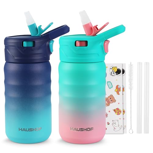 HAUSHOF Kids Water Bottle 2-Pack (12 oz) BPA-free with Straw and Stickers, Stainless Steel Vacuum Double Wall Insulated cup with Leak Proof for school, Gifts, Boys and Girls(Blue/Pink)