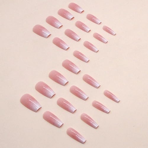 Pink White Ombre Coffin Press on Nails with Glitter - 30 Pcs