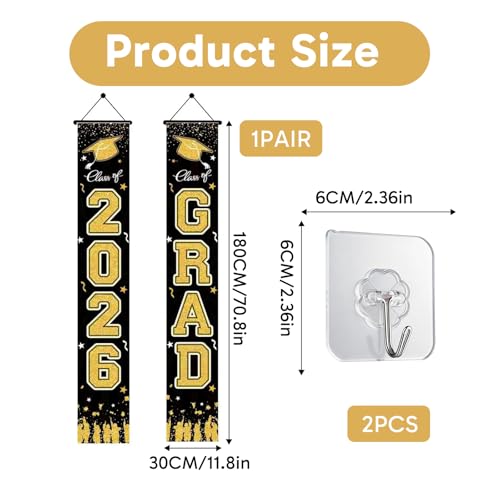 Class of 2026 Graduation Banner - Black and Gold Porch Decoration with Hooks