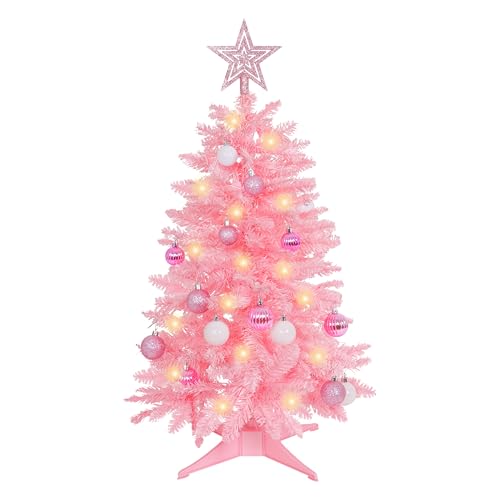 Pink 3ft Artificial Christmas Tree with Lights, Ornaments & 8 Lighting Modes