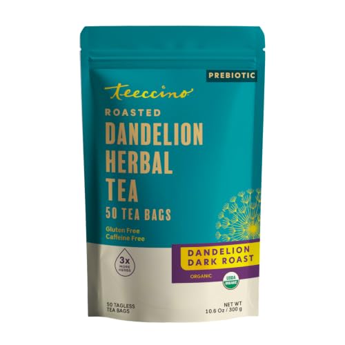 Teeccino Dark Roast Dandelion Herbal Tea Bags - 50 Tagless, Caffeine-Free, Organic, Prebiotic, Eco-Friendly - Pack of 1