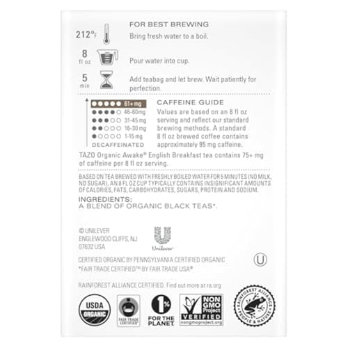 TAZO Organic Awake English Breakfast Black Tea, 36 Count (Pack of 4)