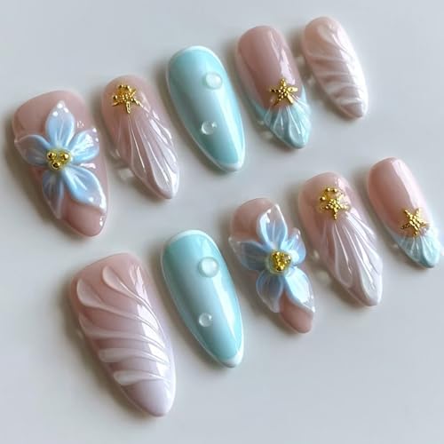 Blue 3D Starfish & Pearl Flower Almond Press on Nails (24 Pcs)