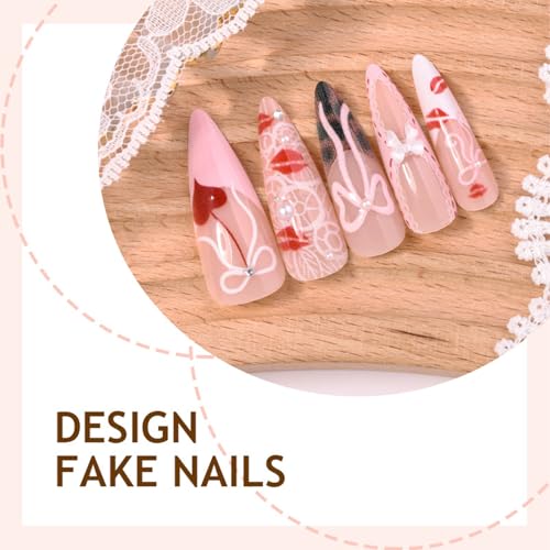 Valentine Press on Nails Long Almond Heart False Nails 24 Pcs