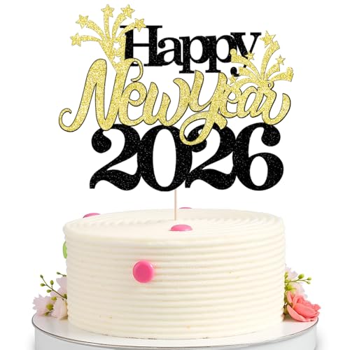Happy New Year 2026 Cake Topper with Glitter Stars - Party Decor