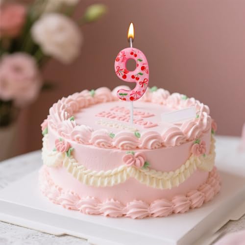 BOXOB Number 9 Cherry Birthday Candle Pink Sweet Fruit Cake Topper