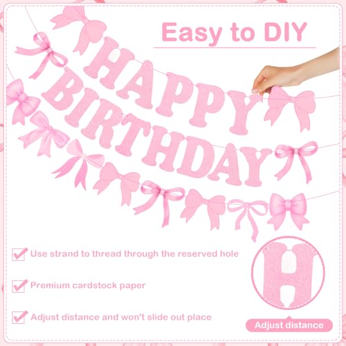 3PCS Pink Birthday Banner Set with 21 Bow Hanging Swirls