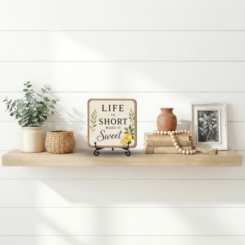 Lemon Kitchen Decor Sign | 5x5 Inch Wooden Plaque with Stand