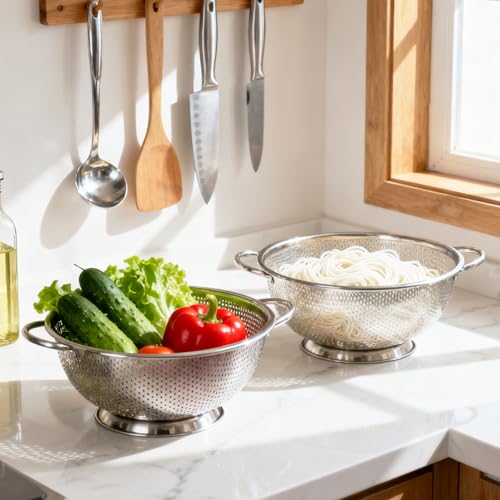 3-Quart Stainless Steel Colander - Micro-Perforated Strainer for Pasta, Vegetables & Fruits