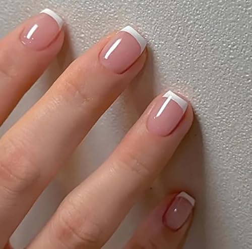 Short Square French Tip Press On Nails - 24Pcs Nude Glossy False Nails