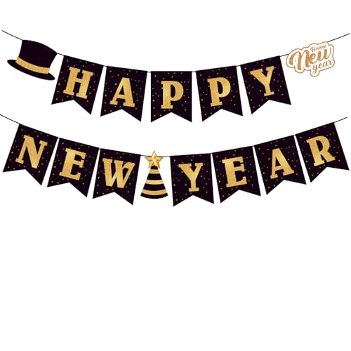 Happy New Year 2026 Banner - Elegant Black & Gold Party Decoration