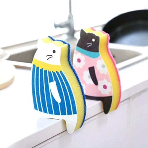 MosBug Cute Cat Dish Sponges - Non-Scratch Kitchen Scrubbers, Blue/Pink Set