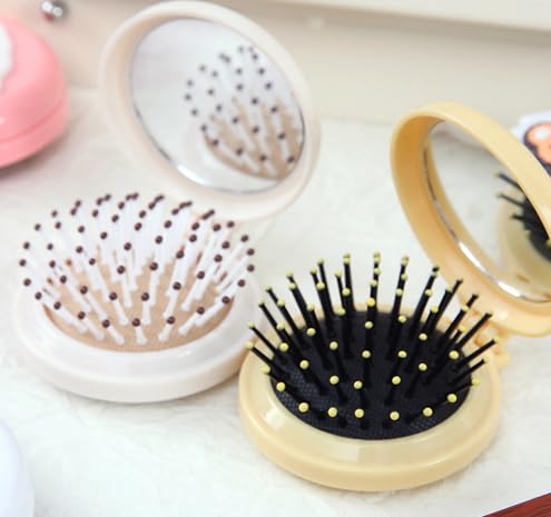 Folding Travel Hair Brush with Built-in Mirror Portable Compact Comb