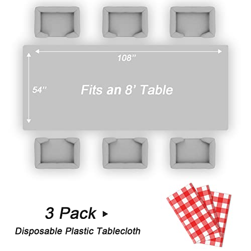 Red Gingham Plastic Tablecloth 3 Pack - Picnic & Party Cover, 54x108 Inches