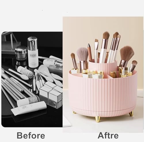 360 Rotating Makeup Brush Holder - 5 Slot Desktop Organizer (Pink, Small)