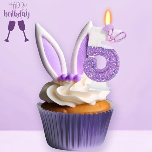 Glitter Purple Bunny Number 5 Candle - Cute Cake Topper for Kids