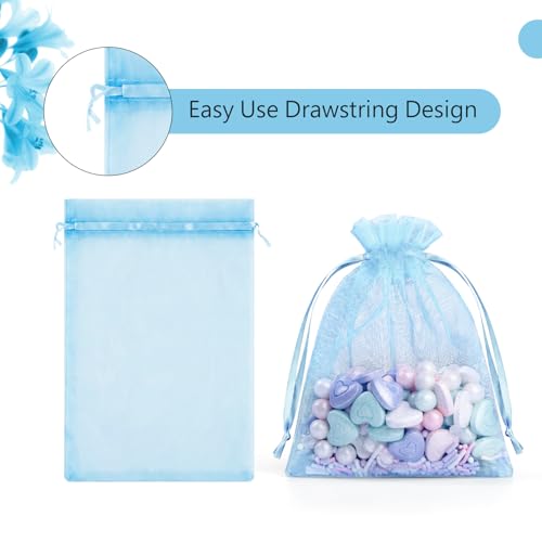 FUNFERY 100-Pack Baby Blue Organza Bags, 3x4 Inch Small Mesh Drawstring Gift Bags