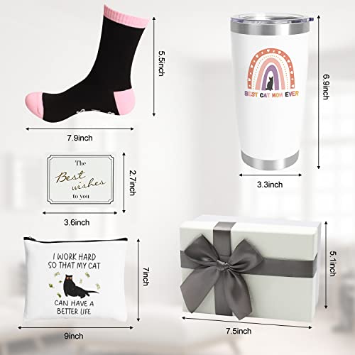 Cat Mom Gift Set for Cat Lovers - 20oz Wine Tumbler, Cosmetic Bag & Socks