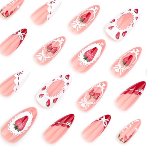 Strawberry Press On Nails Medium Almond Red French Tip False Nails