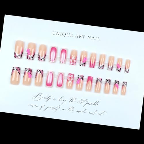 Pink French Press On Nails Long Square Fake Nails with 3D Flowers 24pcs
