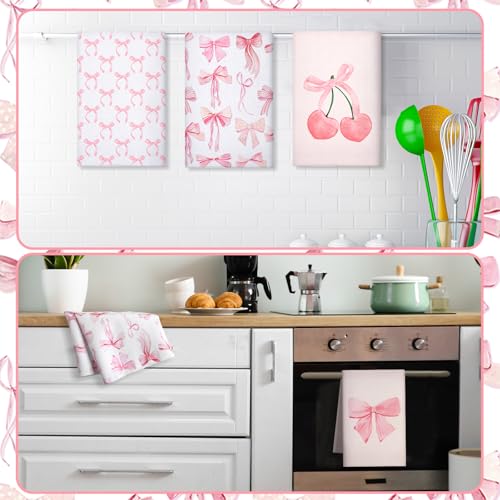 Macarrie 4-Piece Pink Bow Kitchen Towels Set - Soft & Absorbent