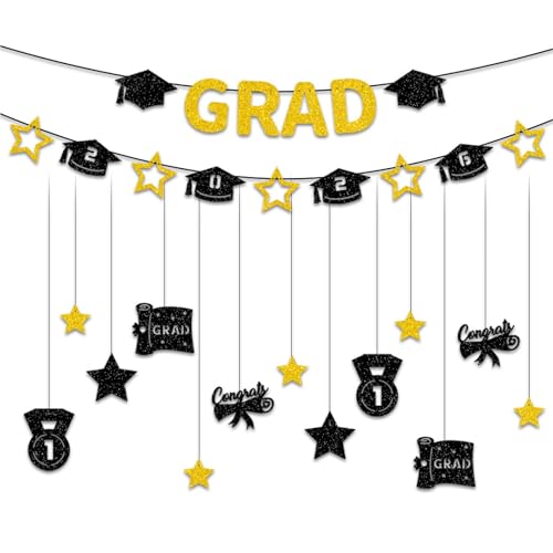 Class of 2026 Graduation Banner Set - Black & Gold Glitter Decor