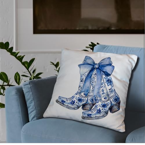 Chinoiserie Western Pillow Cover - Blue Coquette Bows 18x18