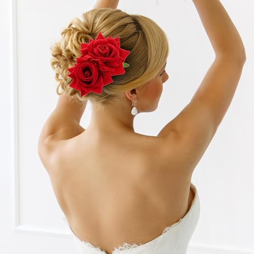 Qianyu Red Rose Flower Hair Comb Velvet Floral Hairpin Wedding Headpiece