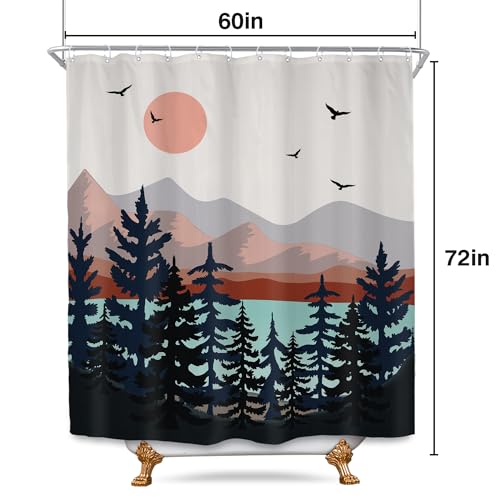 Abstract Mountain Shower Curtain, Boho Mid Century Modern Bath Decor 60x72