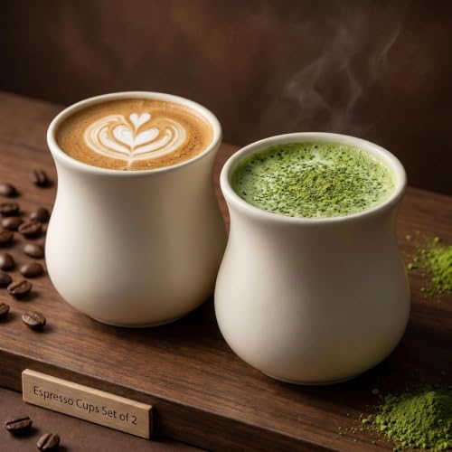 Kurguso 5.5 oz Porcelain Espresso Cups - Set of 2 White Demitasse Mugs