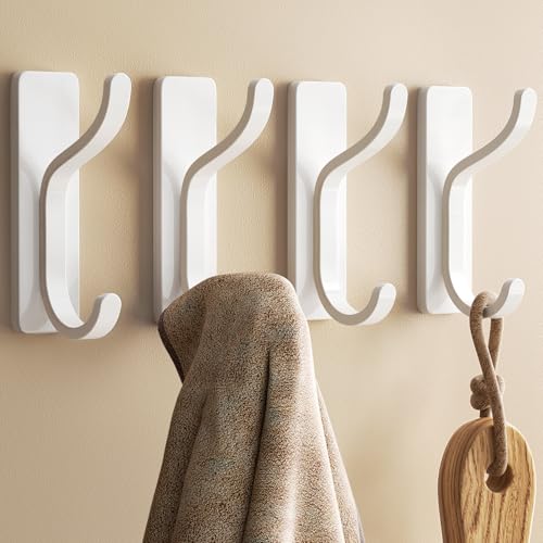 Adhesive Wall Hooks for Towel/Coat - 13LB Heavy-Duty, White, 4 Pack