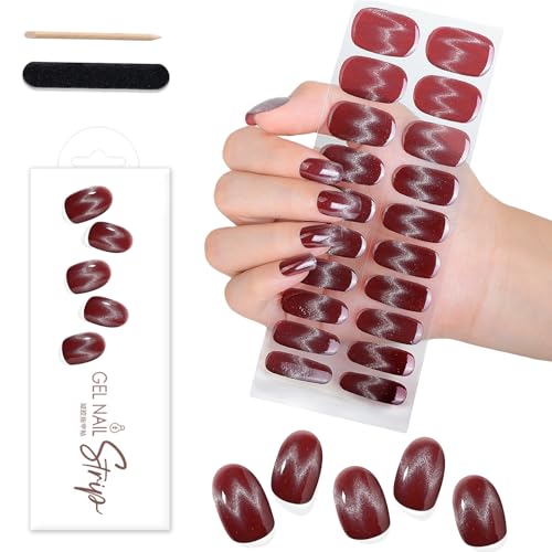 WOKOTO Red Cat Eye Semi Cured Gel Nail Strips UV Nail Wraps