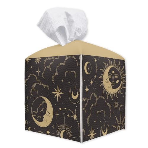 HIWGGSP Brown 5x5 Inch Moon Tissue Box Cover PU Leather Square Tissue Holder
